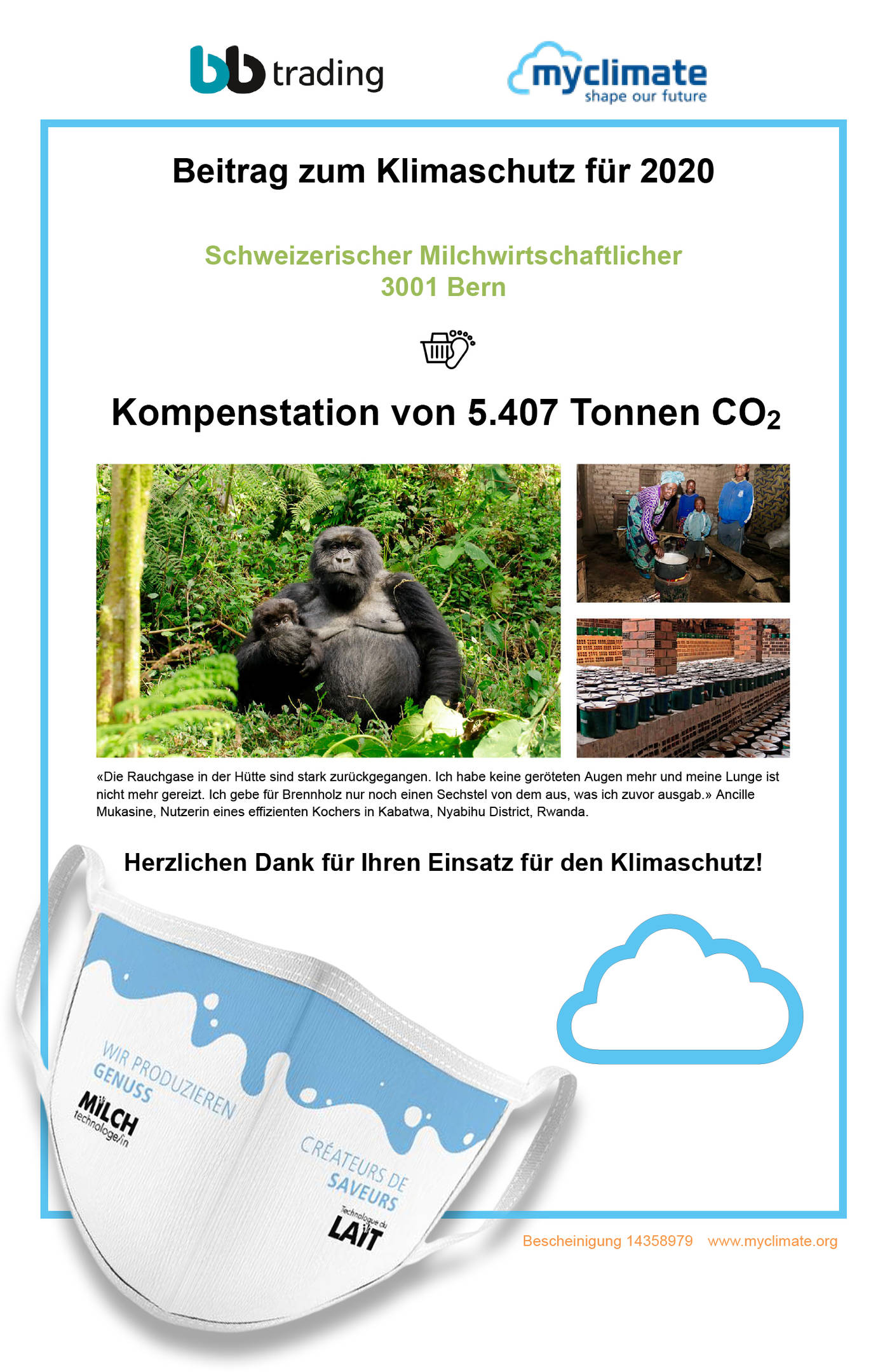 Zertifikat von MyClimate für unseren Umweltschutzbeitrag